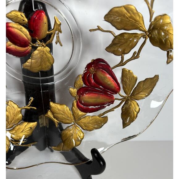 Vintage Glass Intaglio Plate Dish Goofus Glass Ruffled Gold Rim Red Fruit 10.5" - Picture 7 of 16